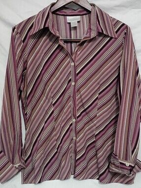 Worthington Diagonal Striped Button-Down Shirt - Mauve Pink & Brown Size L